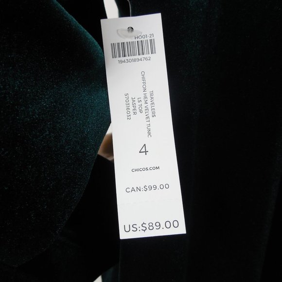 CHICO'S Top 1X/20 XXL Sz 4 NWT $89 Green Velvet Tunic Stretch Chiffon Hem Party - Picture 7 of 8